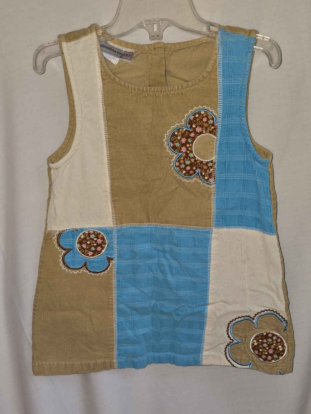 Girls Patchwork Corduroy Tank Top — Blue, Cream & Tan